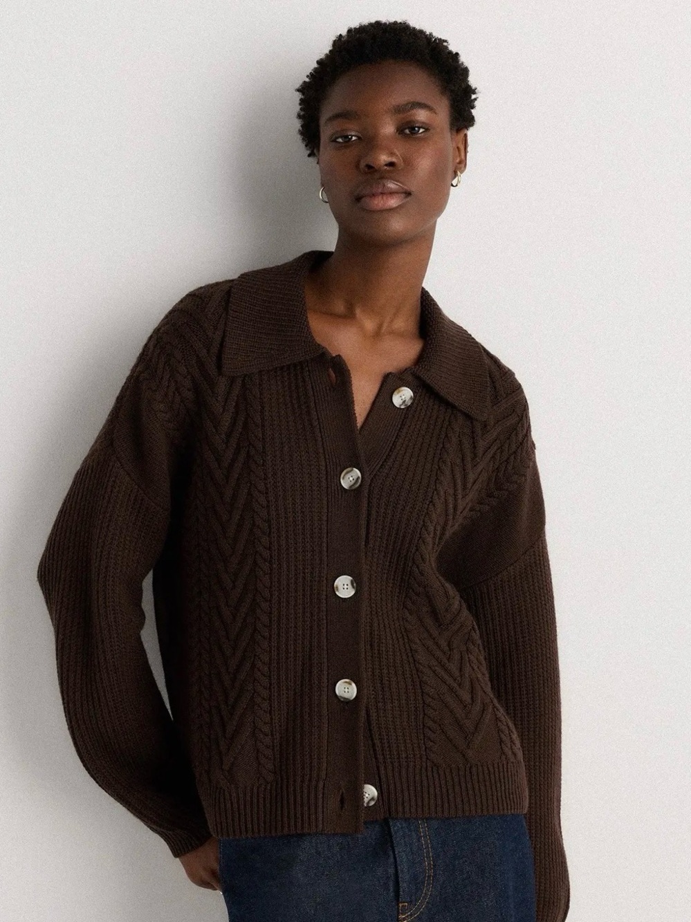Quince Australian Merino Wool Collared Cable Cardigan chocolate brown S Small - Picture 9 of 12